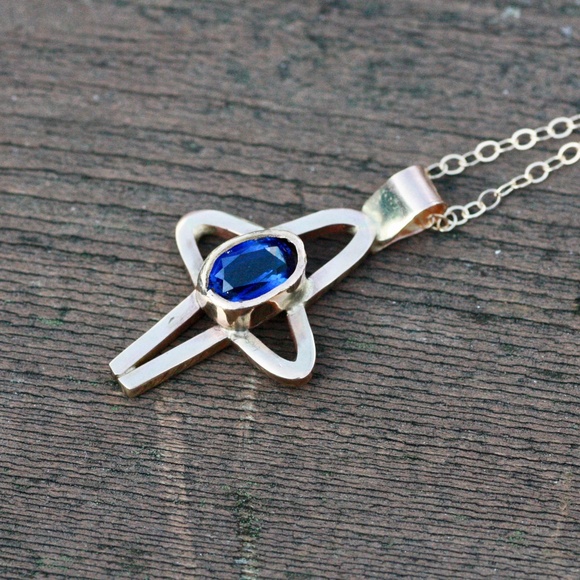 Blue Sapphire Cross Pendant Solid 14K Gold, September Birthday - no chain - Picture 2 of 9